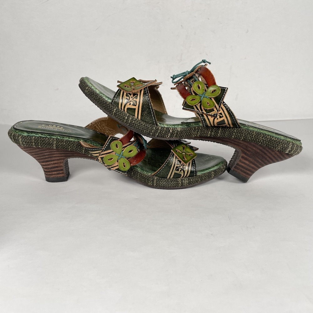 Spring Step Savory Shoes Womens Size 41 Green Leather Slide Heels Floral Slip On - Picture 8 of 10